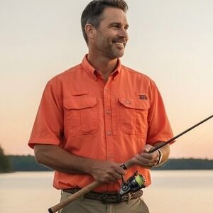 Eddie Bauer Fishing Outdoor Shirt XXL Orange Coral Short Sleeve Vented Pockets‎